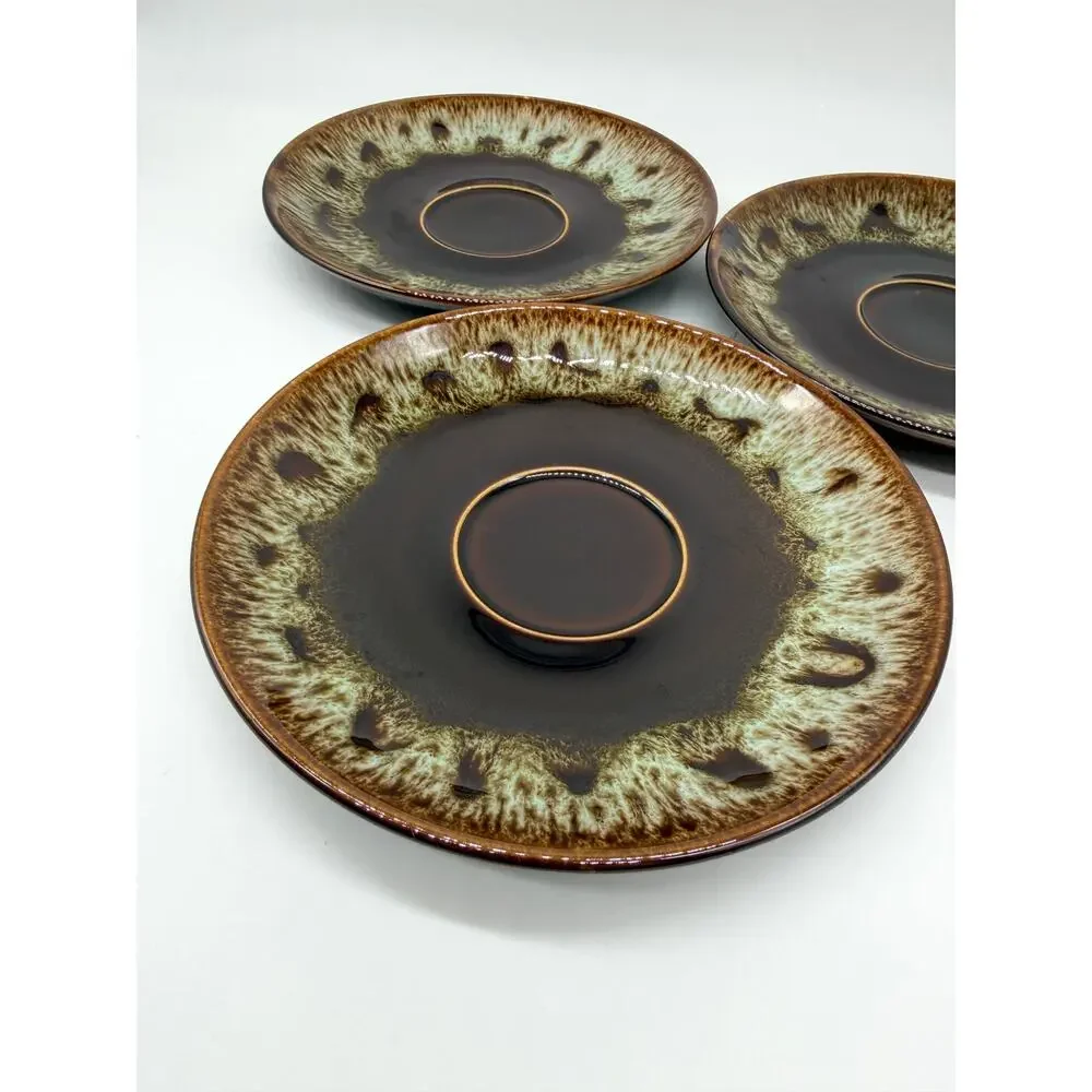 Vintage Brown Drip Glaze Stoneware Salad Dessert Plates Set 3 Rustic Pottery